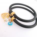 Black Rubber Bracelets/Set of 2 Black Rubber Tube Bracelets/Gold Plated skull/crystal bead/evil eye/gift under 15