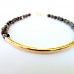 22k bar beaded bracelet /opaque black glass beaded bracelet with 22k gold plated tube bar/gift under 20