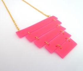 Neon geometric necklace , Neon pink, Minimal necklace, Gold plated chain , Rubber Jewelry , Industrial inspired jewelry